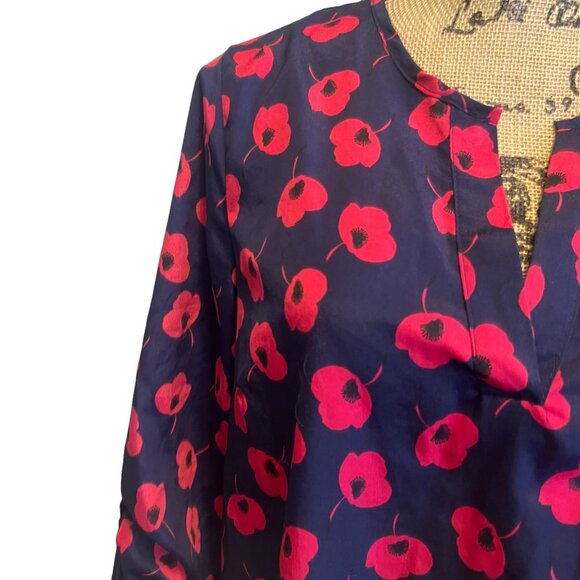 41 Hawthorn Navy & Red Modern Floral Playful Professional Split Neck Blouse M - Picture 2 of 7